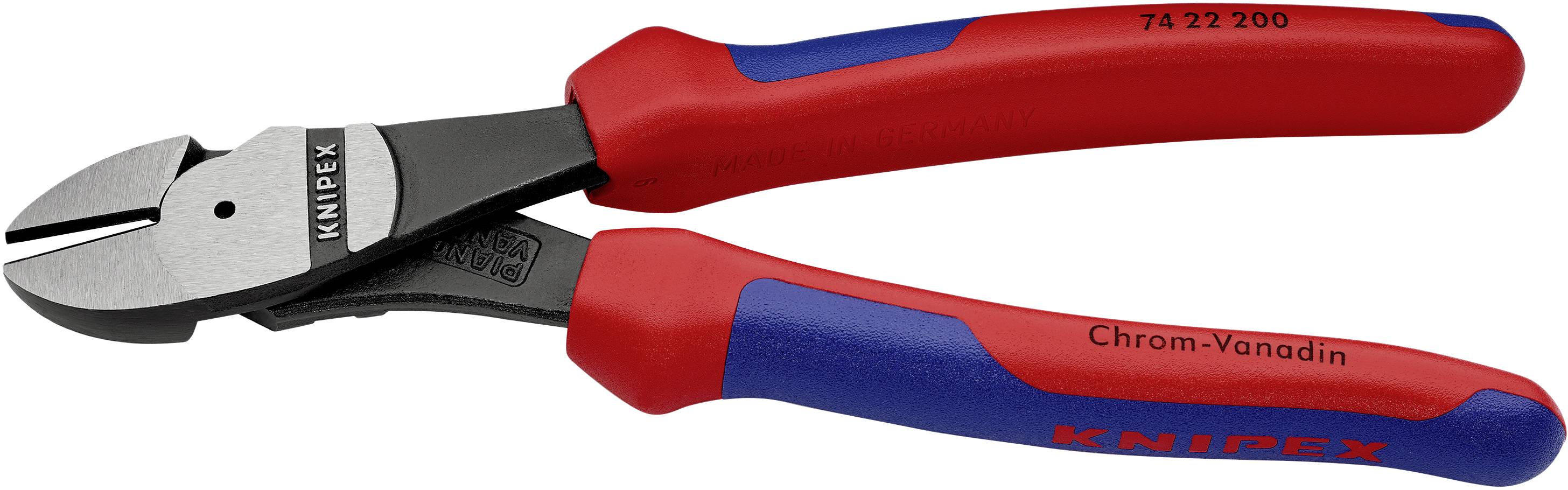 A Knipex side cutter with red and blue handles and the inscription 'Chrome Vanadium'. Suitable for cutting wires and cables.