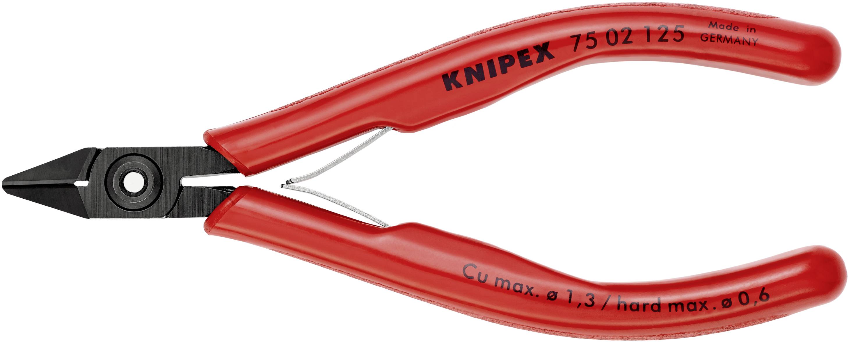 Red precision side cutters with black metal cutting edge, labelled 'Knipex 75 02 125', suitable for Cu max. ø 1.3 mm.