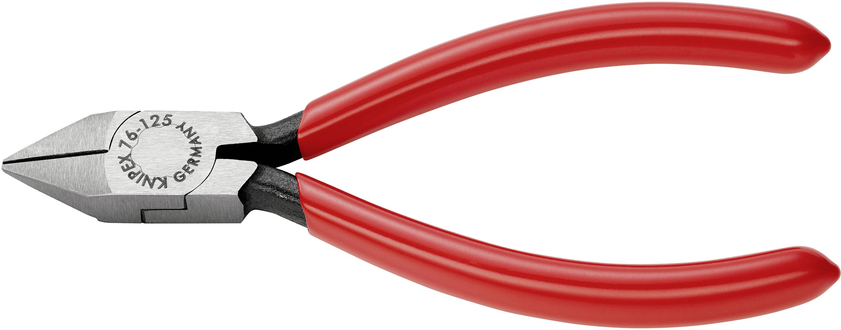 Red side cutters pliers with silver cutting edge, suitable for cable and wire cutting. Inscription: '125 mm', 'Germany'.