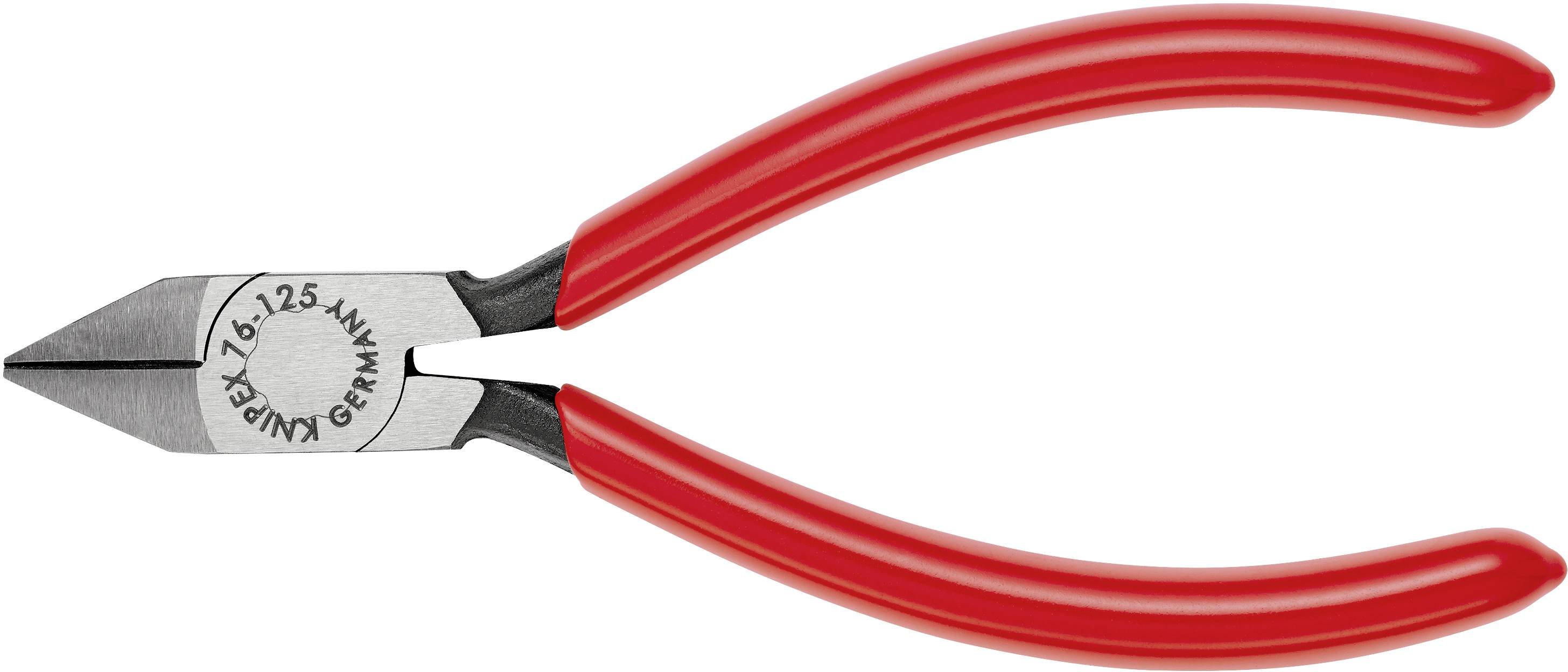 A red electronics side-cutting pliers with the inscription 'GEMÜNY Knipex' on the blade. Suitable for precision work.