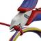 Side cutters slice through the red insulation of a cable bundle, with other colourful cables visible in the foreground.