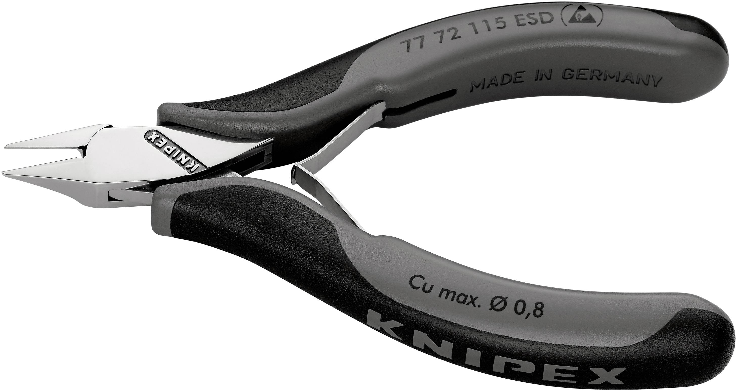The image depicts a black and grey side cutter from the Knipex brand with the inscription 'Made in Germany' for precise cutting.