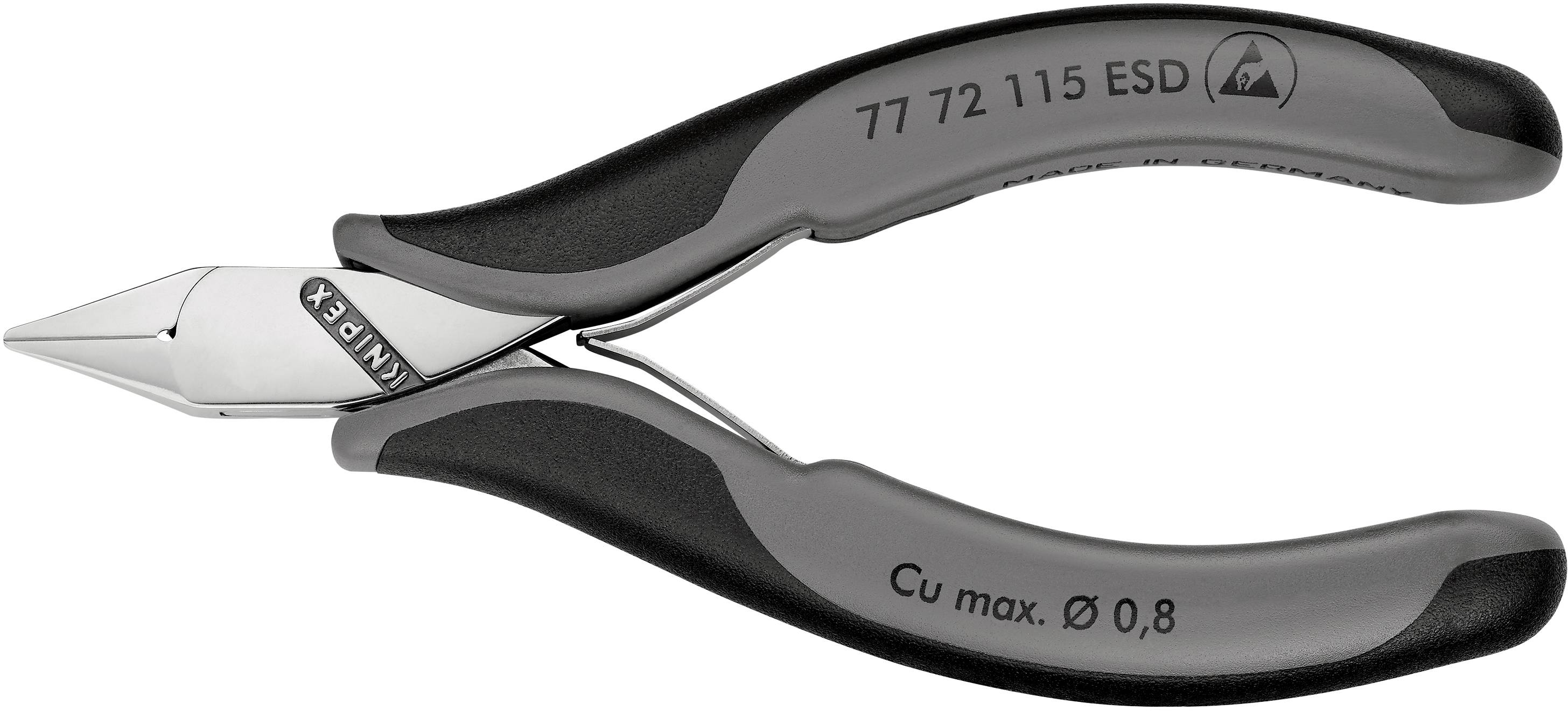 A black side cutter pliers with the print 'Knipex' and 'Cu max. Ø 0.8', suitable for fine electrical work.