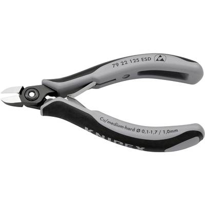 'Knipex Electronic Side Cutters, 79 22 125 ESD, for Cu/medium-hard wire, 0.1-1.7 mm/1.0 mm.' Angled, ergonomic handles.