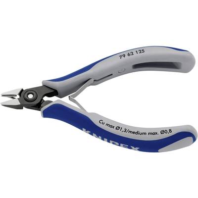Side cutters, blue-grey handle, with 'KNIP' inscription and specifications 'Cu max Ø1.3/medium max. Ø0.8'; for precise cutting.