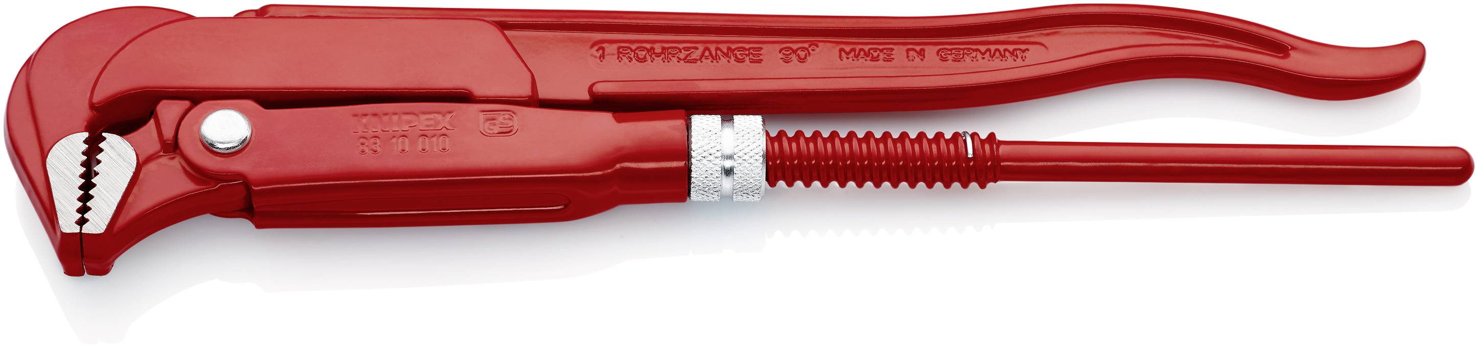 Red pipe wrench with serrated jaw and adjustable handle, suitable for work on pipes and various installation projects.