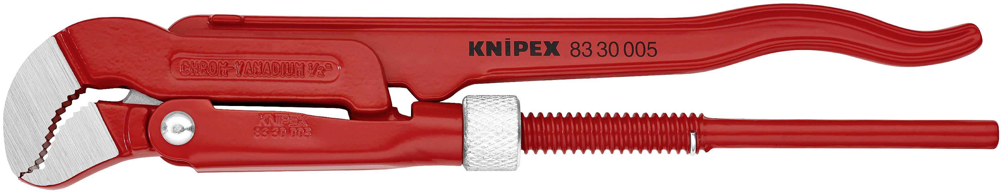 Red pipe wrench with adjustable mechanism and serrated jaws, suitable for gripping and turning pipes.
