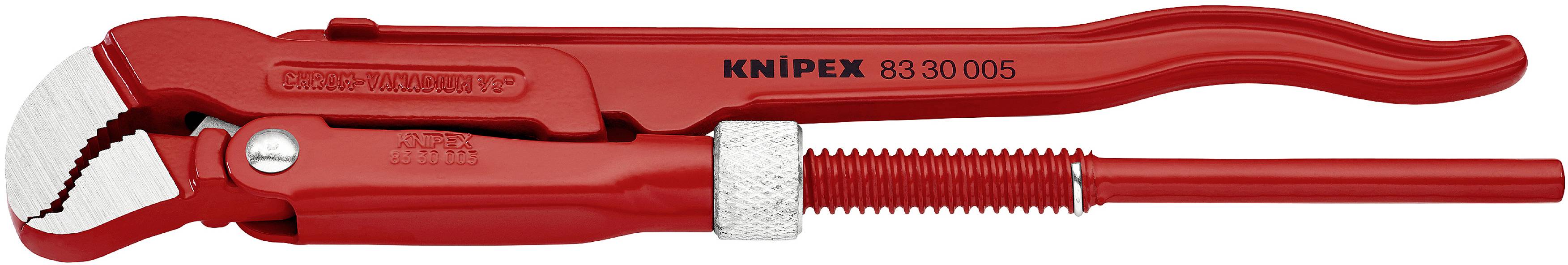 Red pipe wrench with adjustable, toothed jaw and long handle.