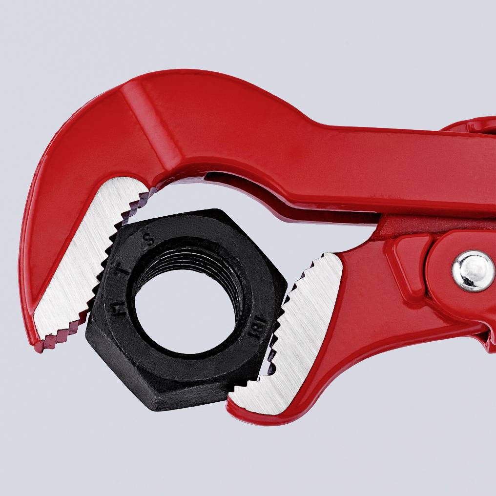 Red pipe pliers grip a black nut.