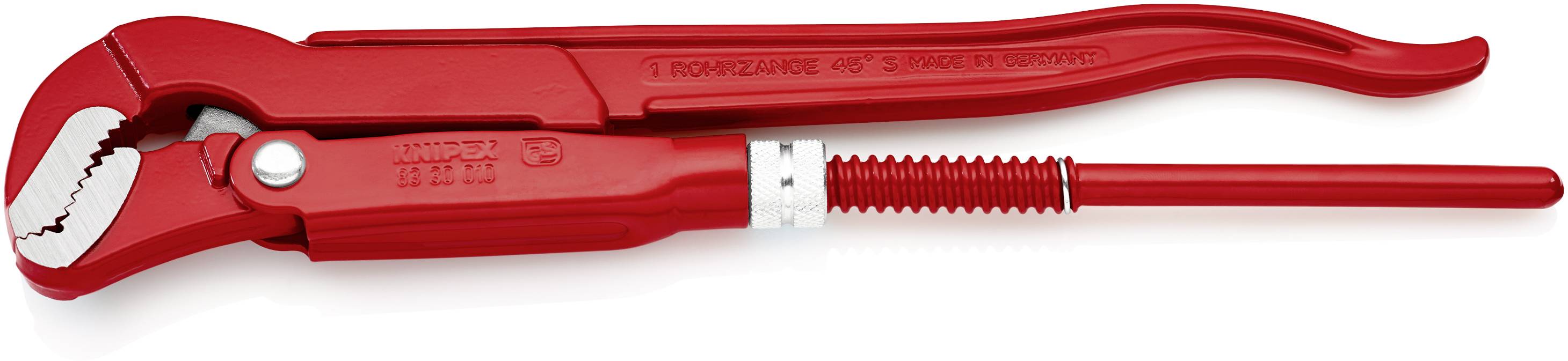 Red pipe wrench with adjustable head and long handle, suitable for gripping and turning pipes or similarly shaped objects.