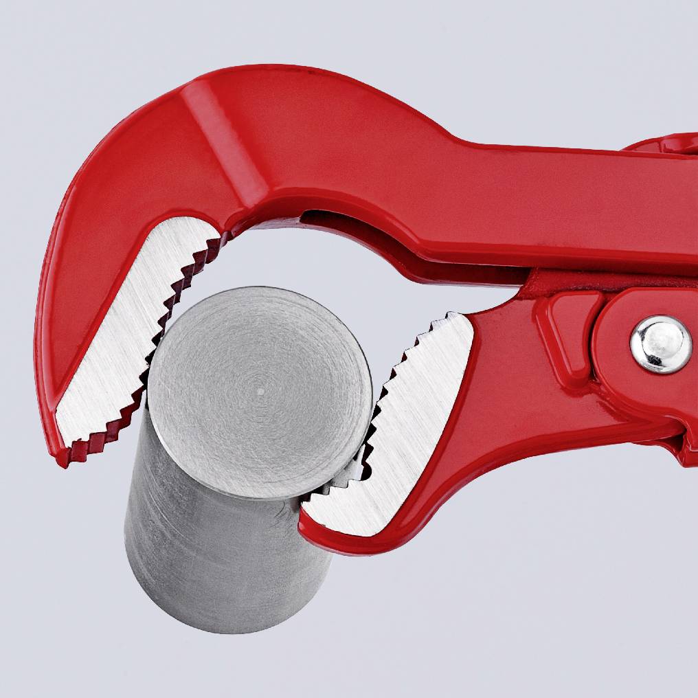A red pipe wrench grips a silver metal cylinder against a grey background.