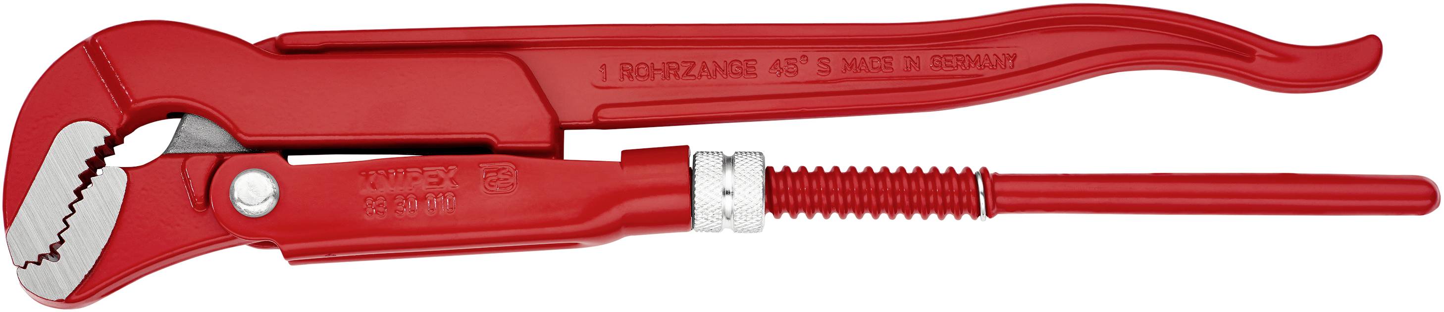 Red metal pipe wrench with serrated jaws and adjustable mechanism, designed for gripping and turning pipes.