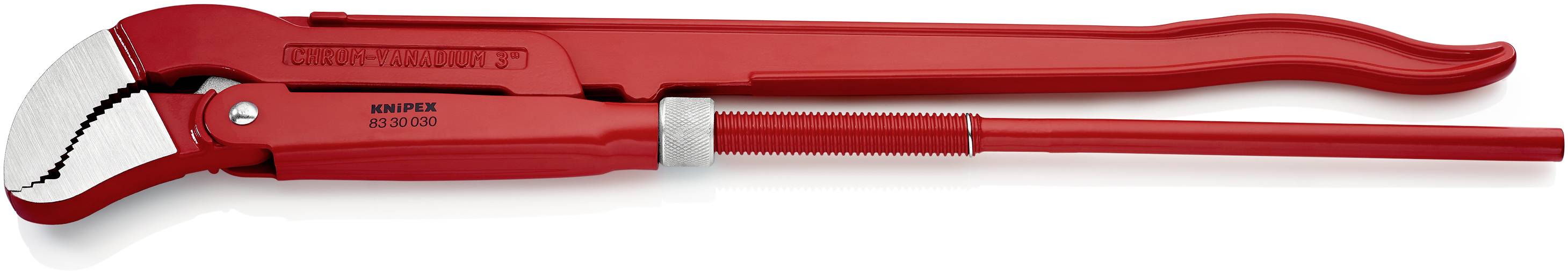 Red metal pipe wrench on a white background.
