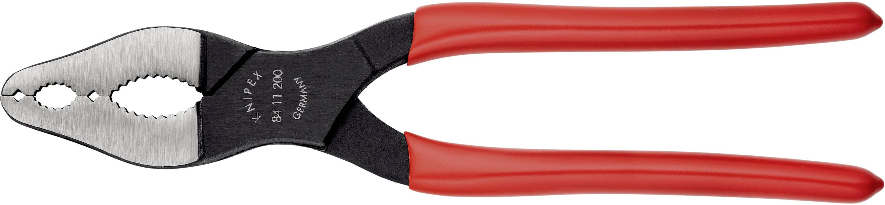 Pliers with red handles and serrated gripping surfaces, suitable for holding or cutting materials.