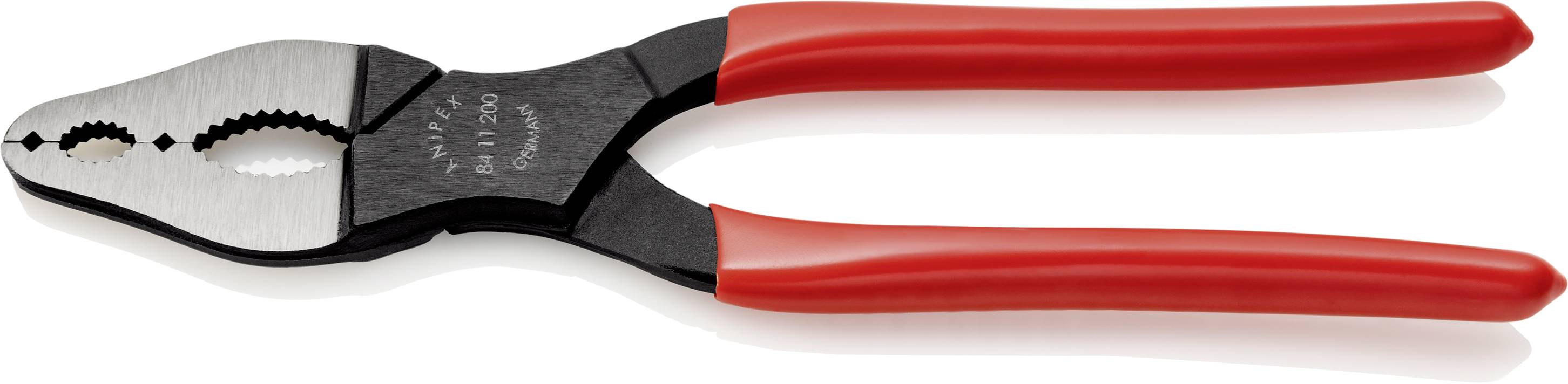 A red combination pliers with serrated jaws lies on a white background.
