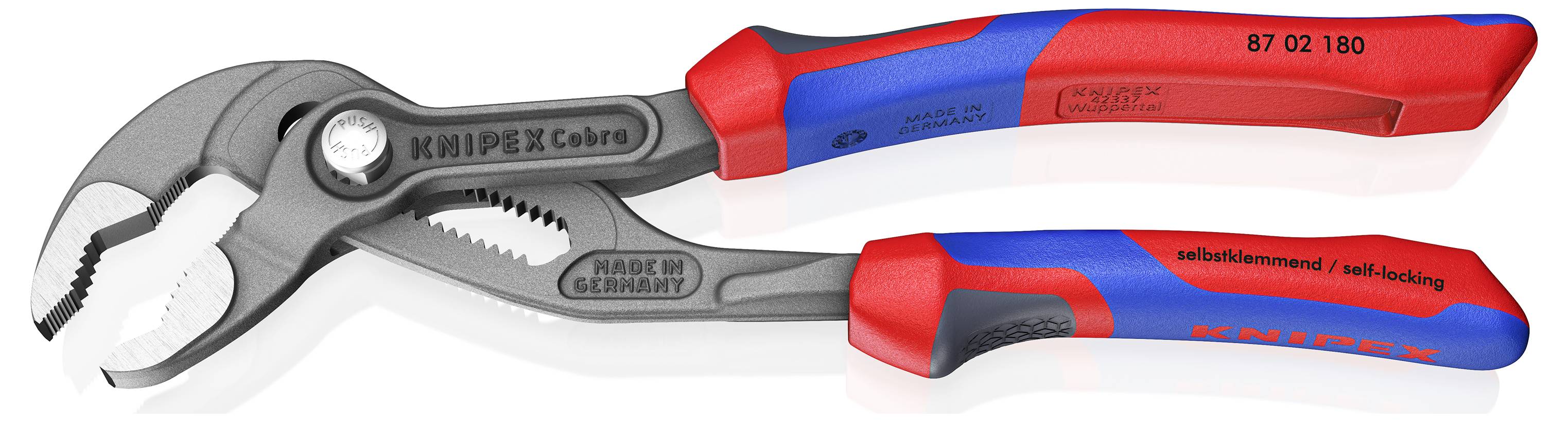 Red and blue adjustable pliers labeled 'KNIPEX Cobra,' featuring a self-locking system. Engraved with 'Made in Germany' on the metallic grip.
