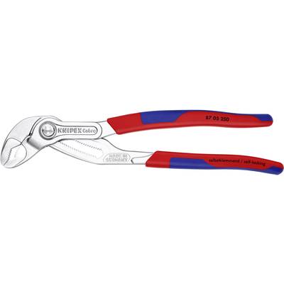 A red and blue water pump pliers with the inscription 'self-locking', suitable for gripping pipes and nuts.