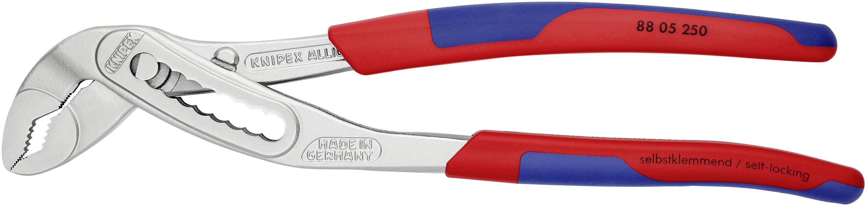 Pliers with red and blue handles, suitable for gripping and holding various objects, with adjustment via grooved profile.