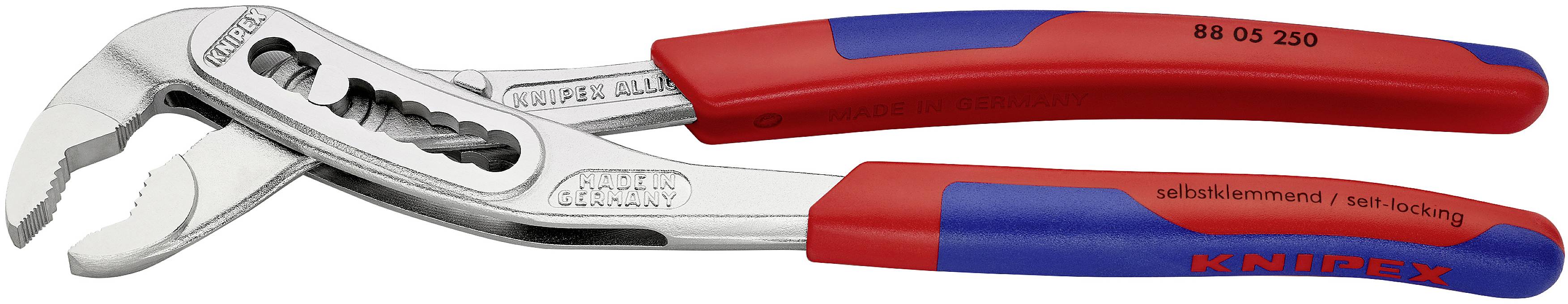 Water pump pliers with red and blue handle, silver gripping surface, suitable for work on pipes and in plumbing.