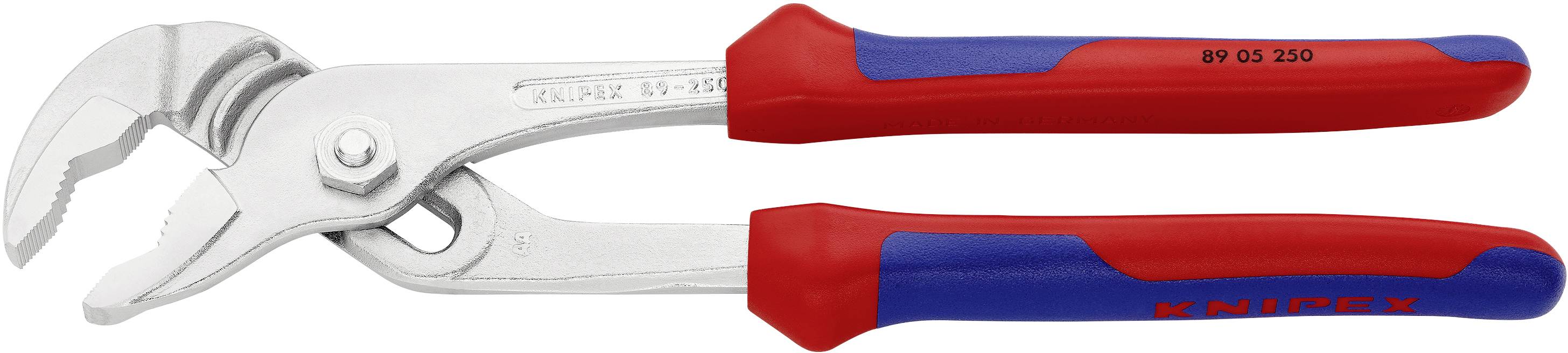 An adjustable water pump pliers with red and blue handles adjacent to silver jaws, used for gripping and turning objects.
