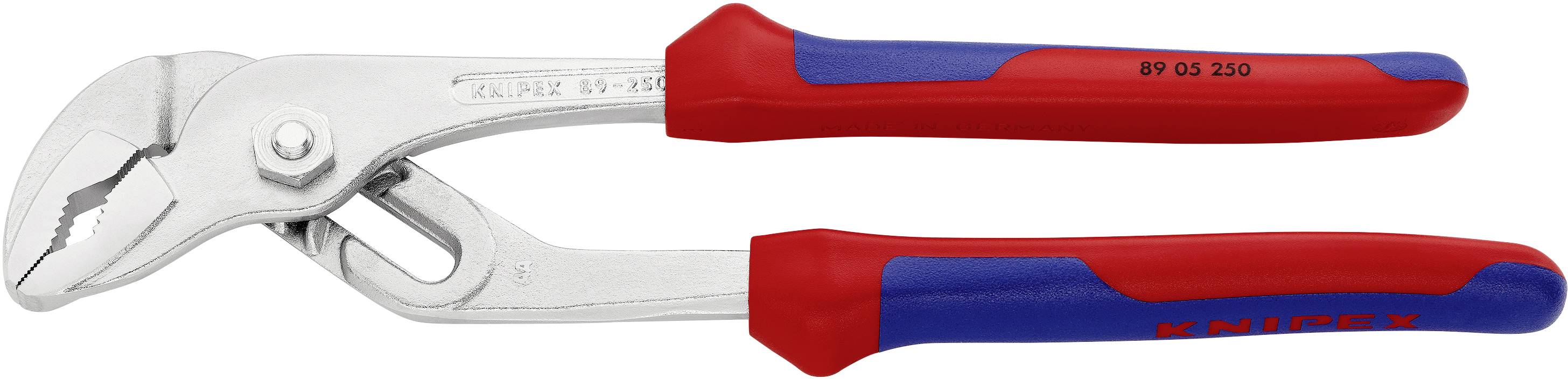 A red and blue adjustable water pump pliers with an adjustable head, suitable for gripping and turning work on pipes and other materials.