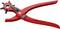 Metal red revolving punch pliers with multiple interchangeable punch heads, suitable for punching holes in leather and fabric.