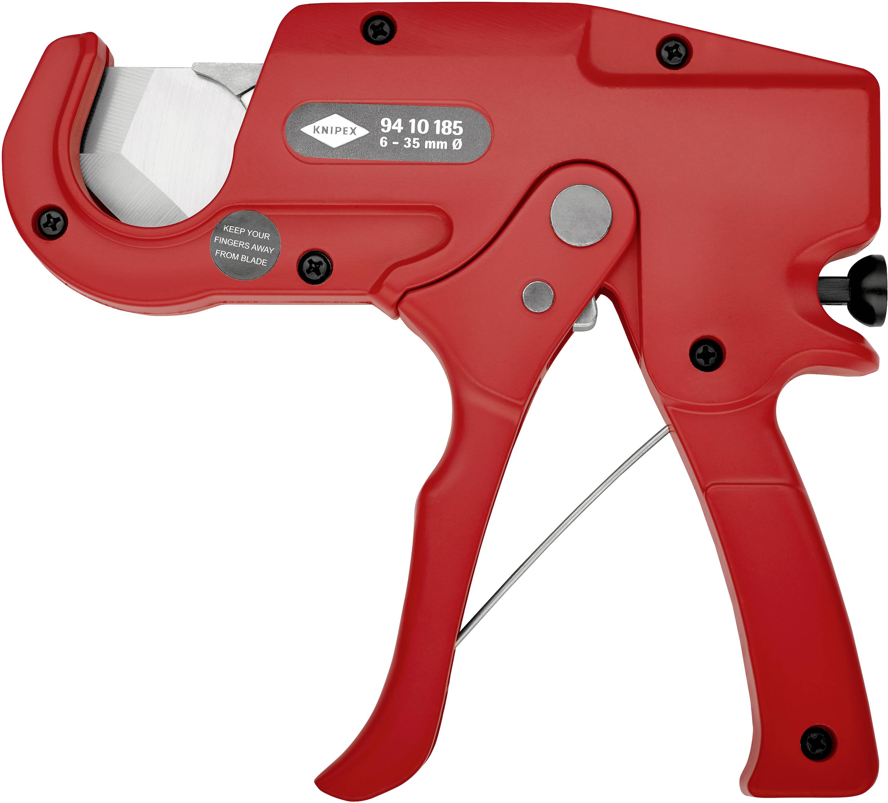 Red pipe cutter with black button and lever, suitable for cutting plastic pipes from 6 to 35 mm in diameter.