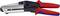 A red and blue cable wire strippers with a black mechanism, suitable for stripping and cutting cables.