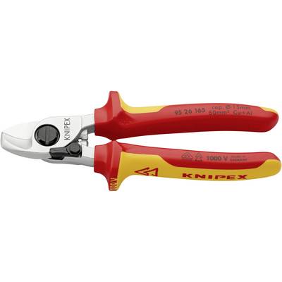 A red and yellow isolated cable cutting pliers by Knipex, suitable for voltages up to 1000V and with a cutting diameter of 15 mm.
