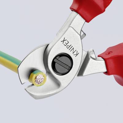 A pair of pliers with red handles cuts through a yellow-green cable. The point of the cut is precise and clean.