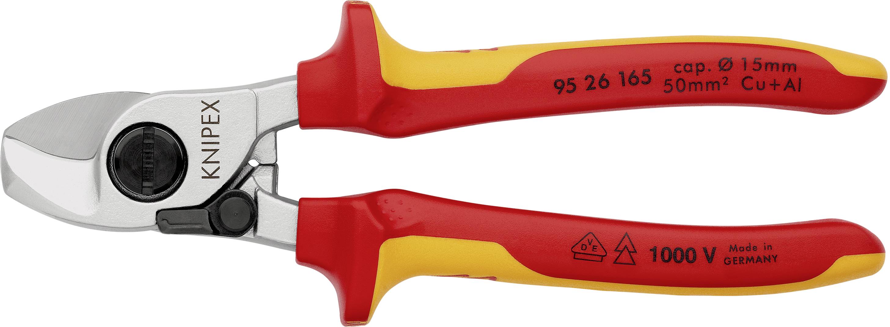 Red and yellow electronic pliers by Knipex with insulated handles, suitable for work up to 1000 V.
