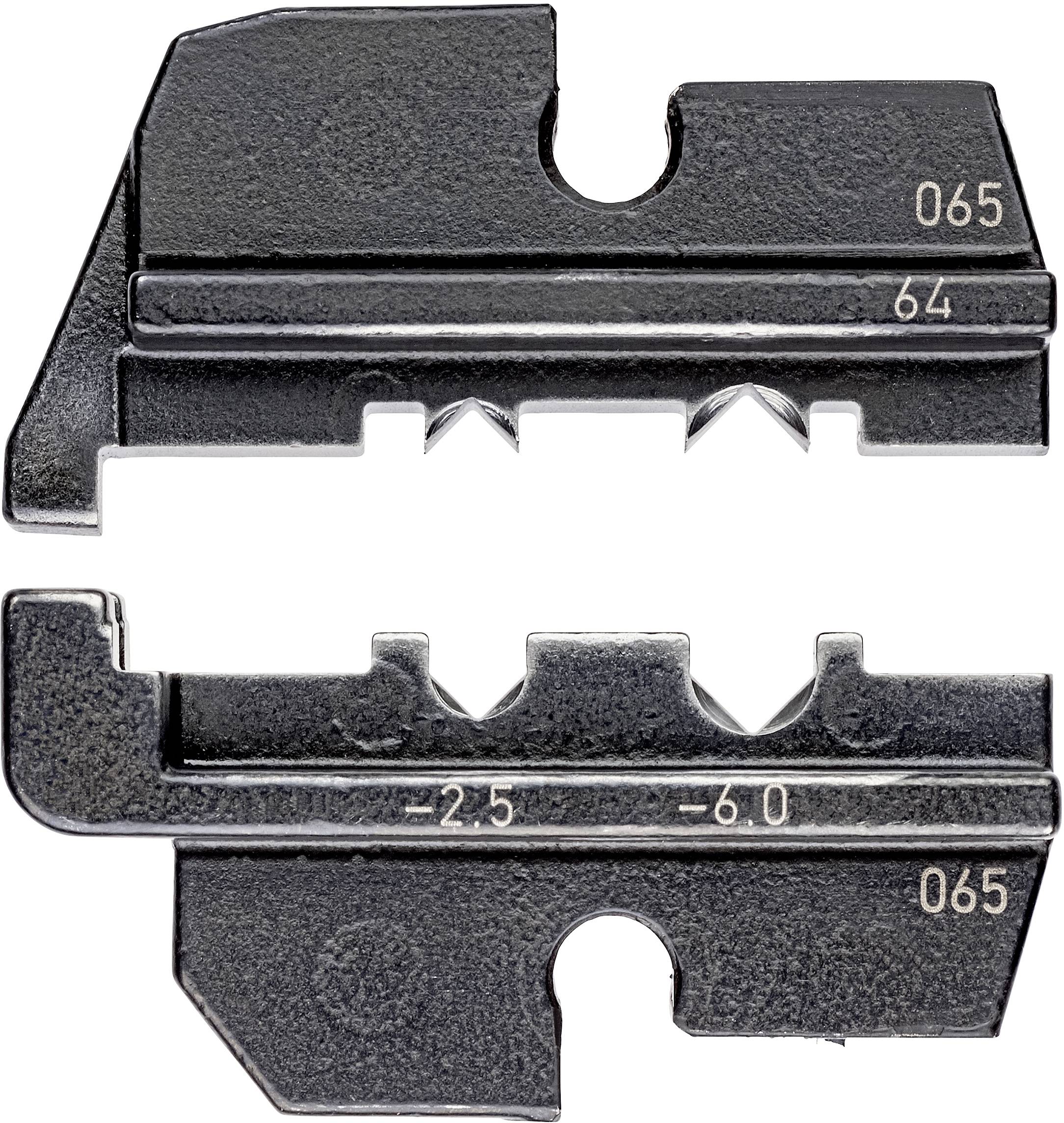 Two black metal sewing machine feet with numberings '065', '64', '-2.5', '-6.0', showing edges and notches for fabric guidance.