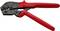 A black crimping pliers with red handles, suitable for crimping cable connections. It has a Knipex logo and model number.