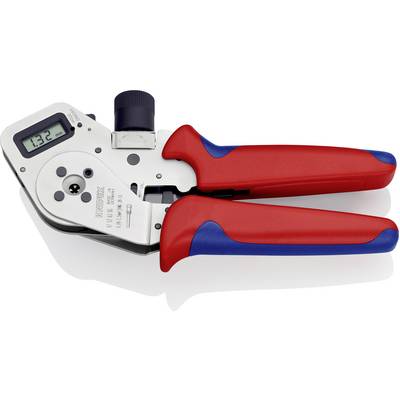 A digital crimping pliers with red handles and a display showing the size '1.32', used for connecting cables.