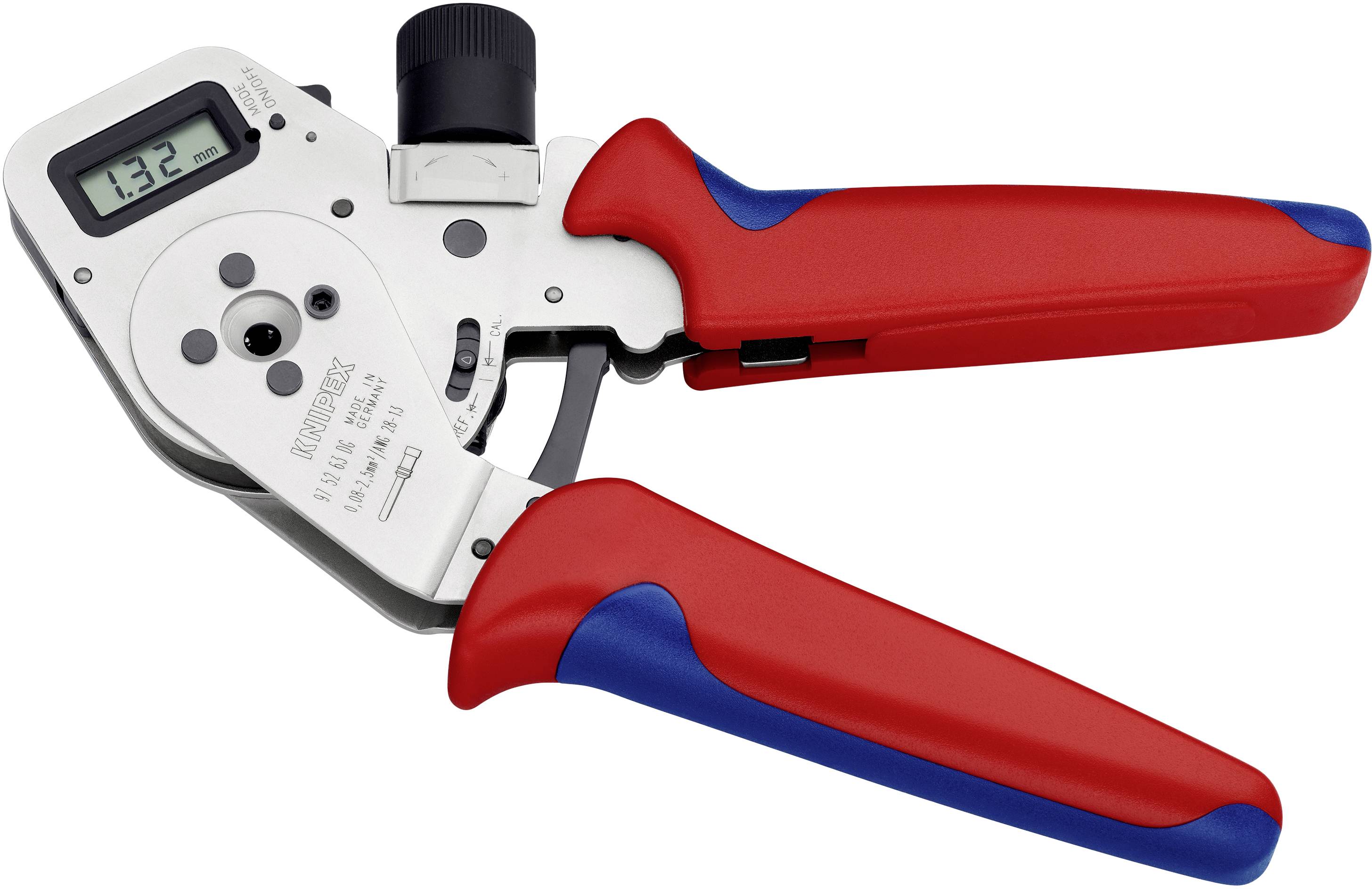 Crimping pliers with a red handle and a digital display on the left side, showing '1.32 mm²'.