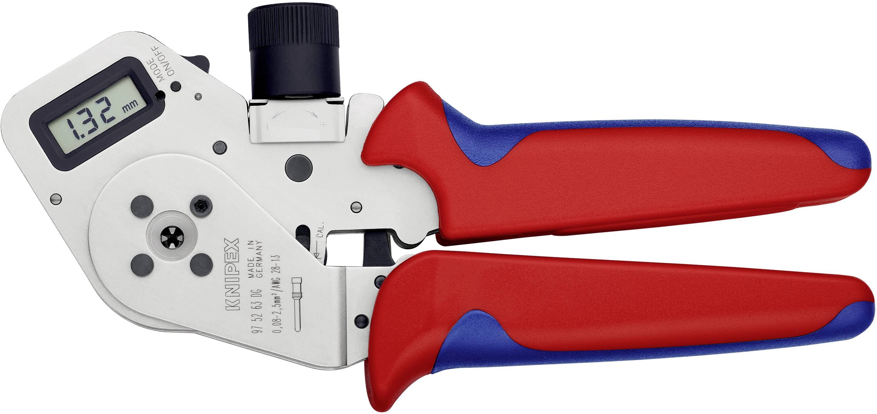 Hand crimping tool with digital display showing '1.32 mm', red handle, suitable for precise crimping.