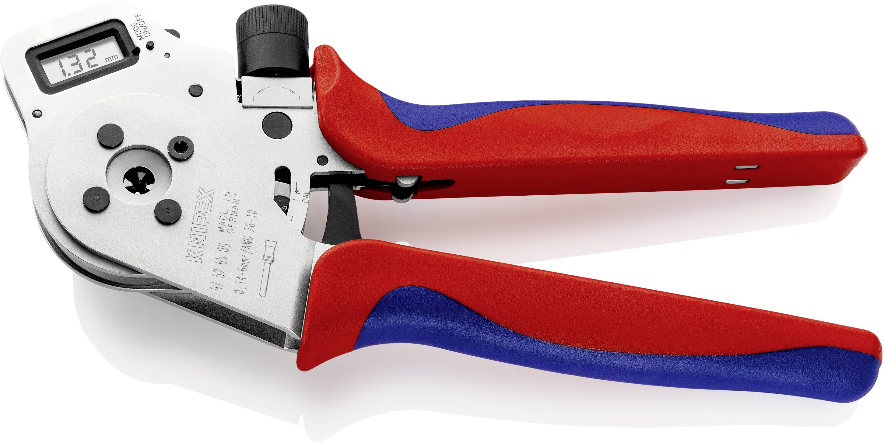 A red and blue crimping pliers with a digital display set to 13.2. Developed for precision crimping of cable connections.