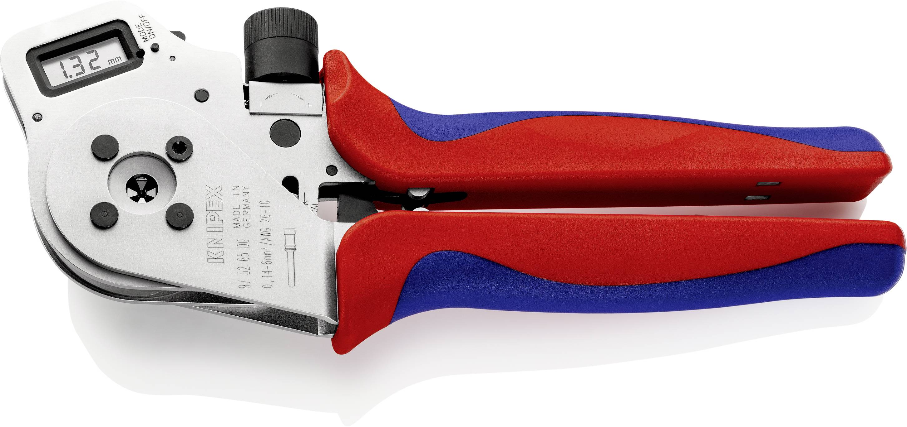 Crimping pliers with a digital counter on the display, red and blue handles. Tool for installing cable connectors.<br><br>Note: The translation is already in British English, so no significant changes were needed.