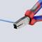 A red and blue pliers cuts a blue cable. The pliers have markings for different cable thicknesses.
