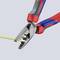 Wire strippers are holding a yellow cable. The handle is red and blue and ergonomically designed. Brand name visible on the pliers.