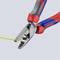 A red and blue wire stripping pliers cuts a yellow cable. The pliers display details of brands and functionality.