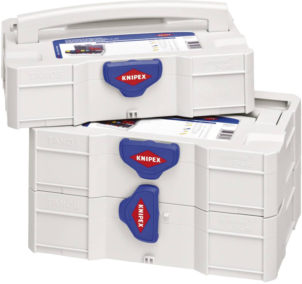 Two white toolboxes stacked on top of each other with blue handles and a Knipex logo.