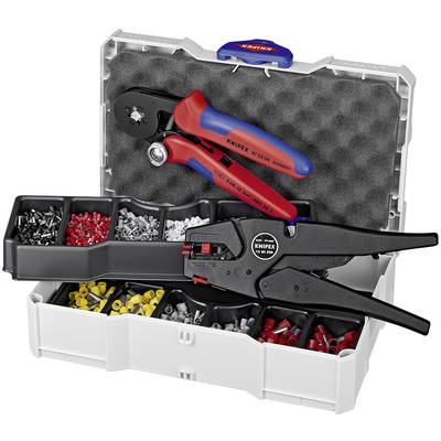 Tool case with crimping pliers and pressing pliers by Knipex, filled with coloured connectors, for electrical wiring.