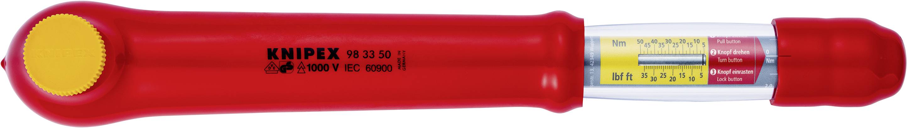 Red voltage tester with yellow cap, indicating voltage values between 70 and 250 volts, brand 'Knipex'.