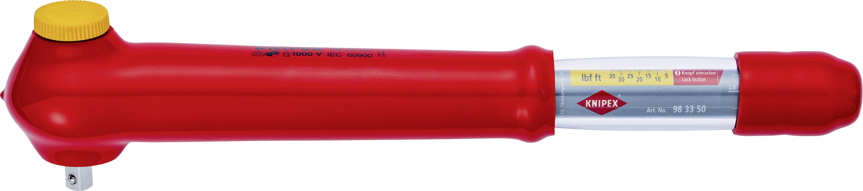 A red torque wrench with a yellow adjustment knob and Knipex logo. Torque scale displayed on the side.