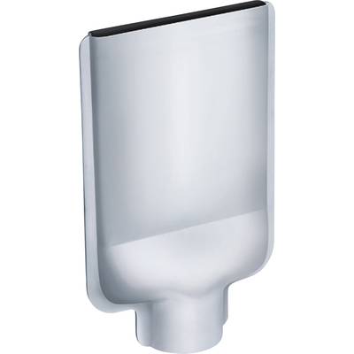 Metallic funnel piece with a rectangular body that transitions to a rounded shape at the bottom, likely for technical applications.