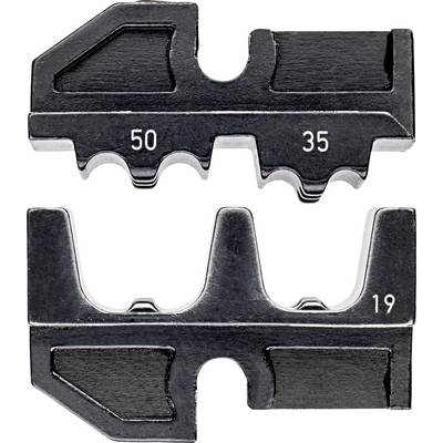 Metal measuring tool with two identical parts, each with numbered recesses '50', '35' and '19', for size measurement.