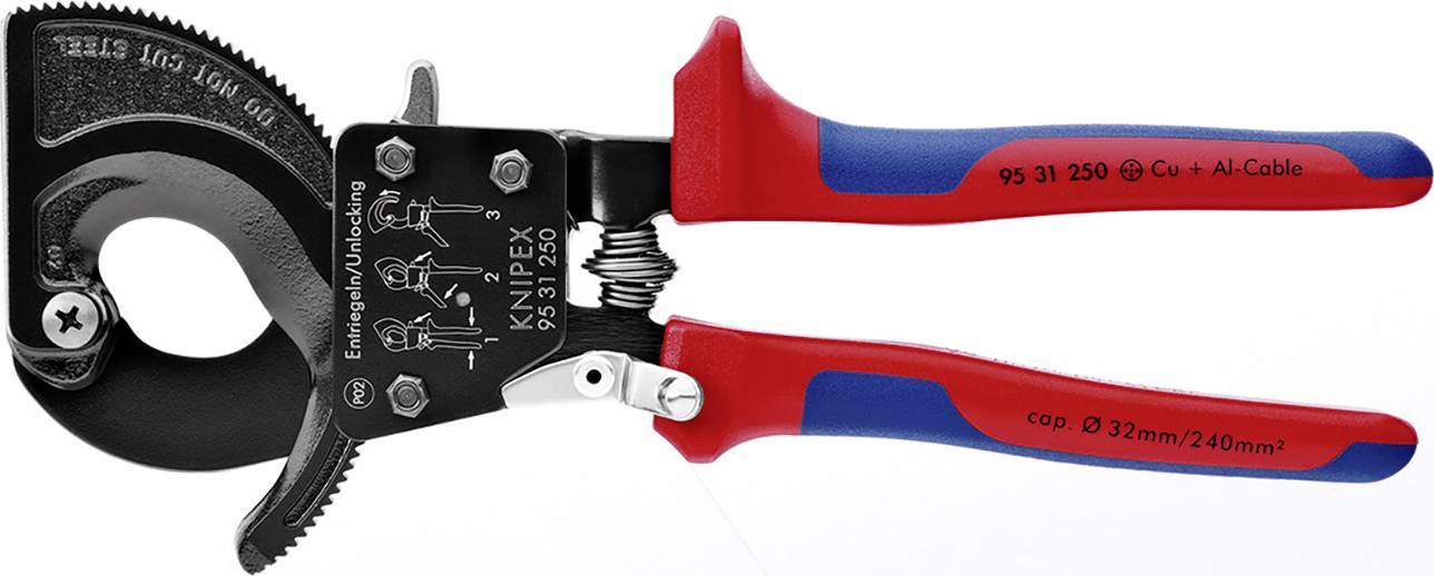 'Knipex Ratchet Cable Cutter', a red and blue plier, suitable for copper and aluminium cables up to 32 mm or 240 mm².