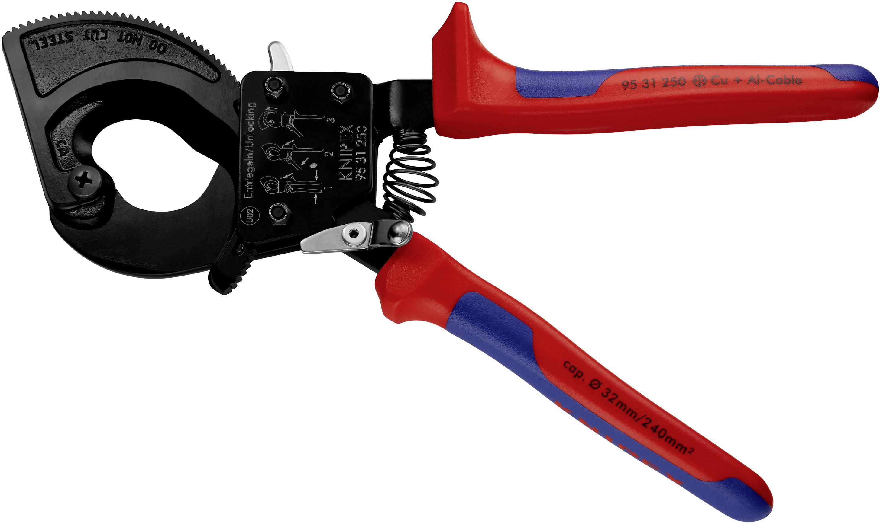 Ratchet cable cutters with red and blue handles, suitable for copper and aluminium cables; open cutting edge reveals serrated blades.