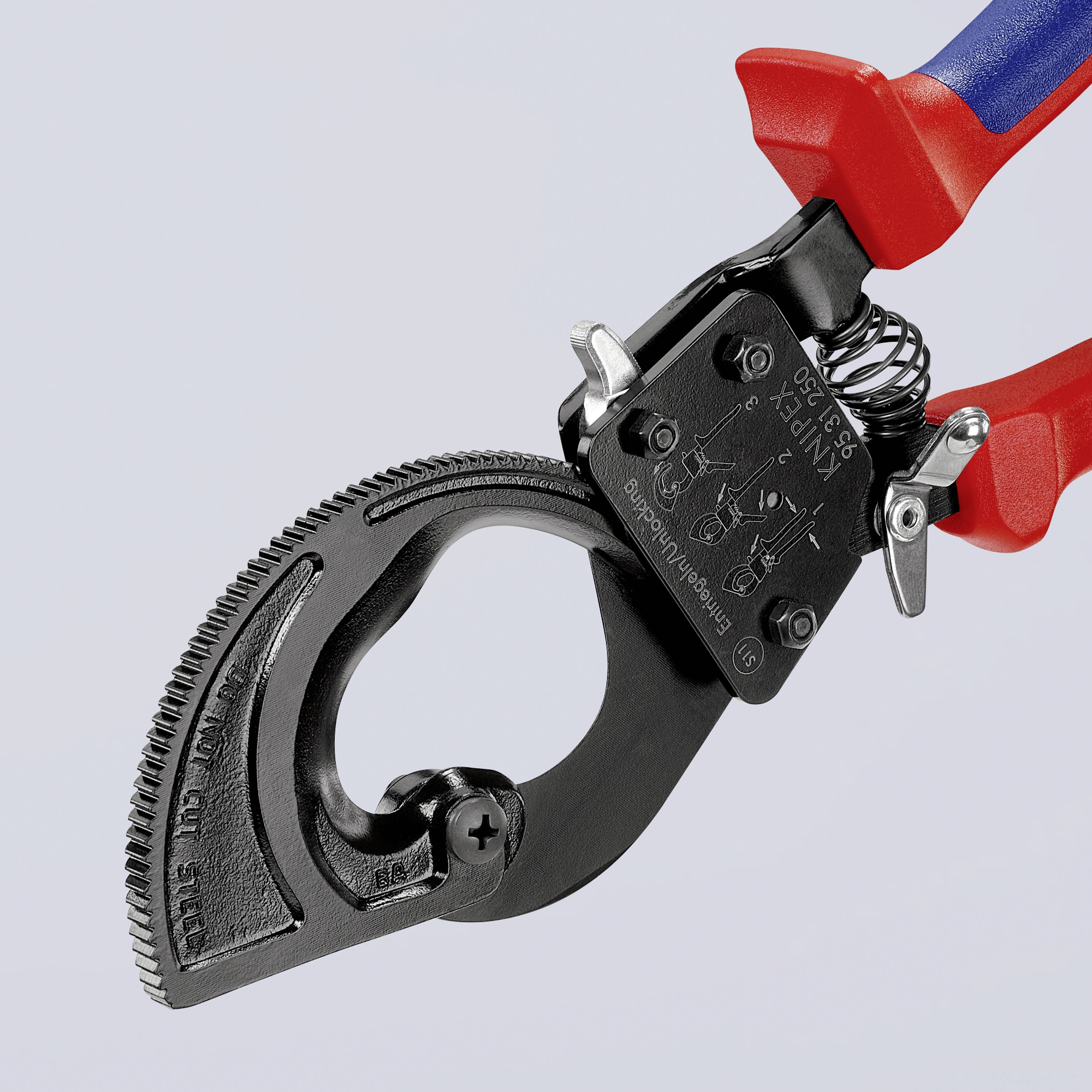 A wire cutter with a serrated gripping arm and red handles, set against a grey background.